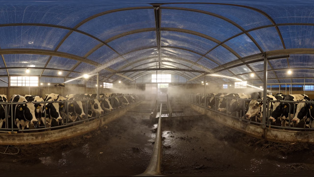 Midnight Irrigation Spray Over Greenhouse Roof Near Merida in in a dairy milking parlor near Merida