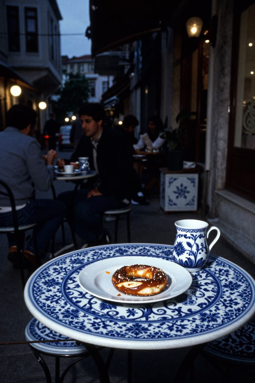 Midnight Istanbul Street Scene with Blue and White Porcelain Plate and Mantel Clock in in Istanbul, Turkey