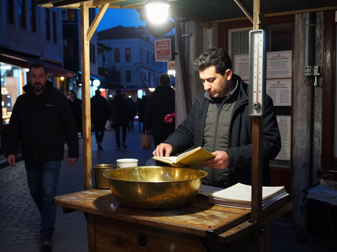Midnight Istanbul Street Scene with Brass Basin and Ledger Under Neon Lights in in Istanbul, Turkey