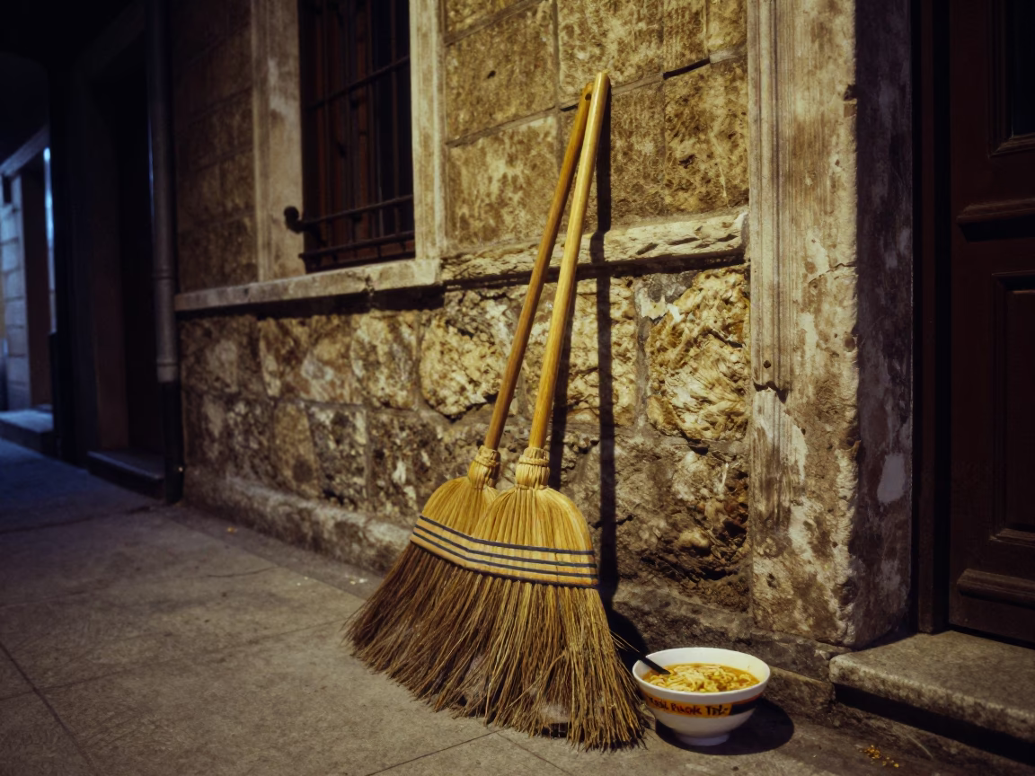 Midnight Istanbul Street Scene with Brooms and Ramen Bowl on Stone Paving in in Istanbul, Turkey