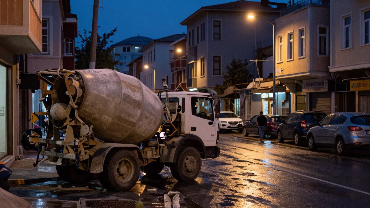Midnight Istanbul Street Scene with Cement Mixer and Local Food Vendor in in Istanbul, Turkey