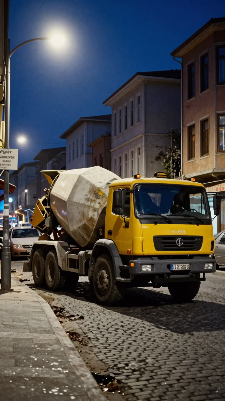 Midnight Istanbul Street Scene with Cement Mixer on Construction Site in in Istanbul, Turkey