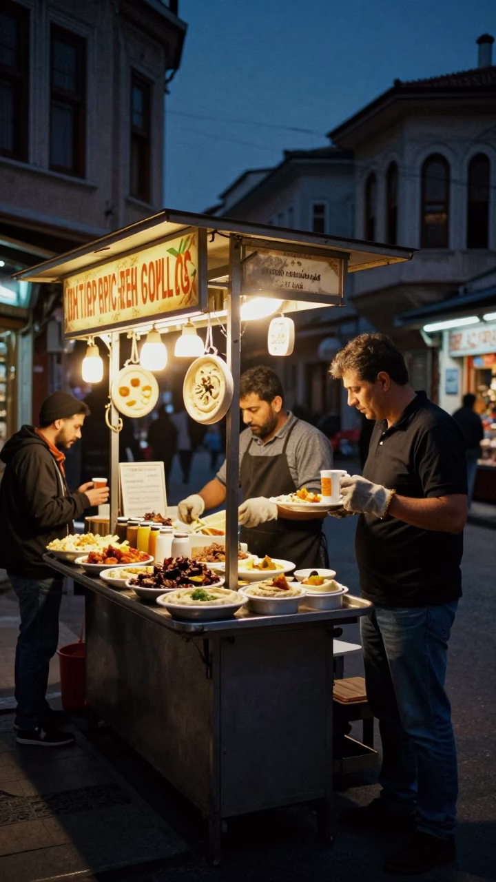 Midnight Istanbul Street Scene with Food Vendor and Traditional Tools in in Istanbul, Turkey