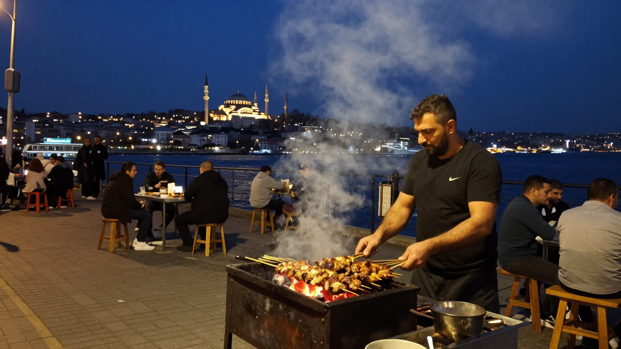 Midnight Istanbul Street Scene with Grilling Kebab and Historic Architecture in in Istanbul, Turkey