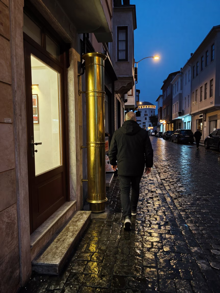 Midnight Istanbul Street Scene with Polished Brass Runner and Peaches in in Istanbul, Turkey