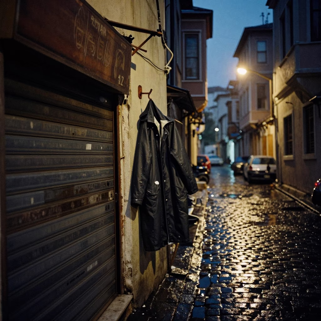 Midnight Istanbul Street Scene with Raincoats and Lived-In Details in in Istanbul, Turkey