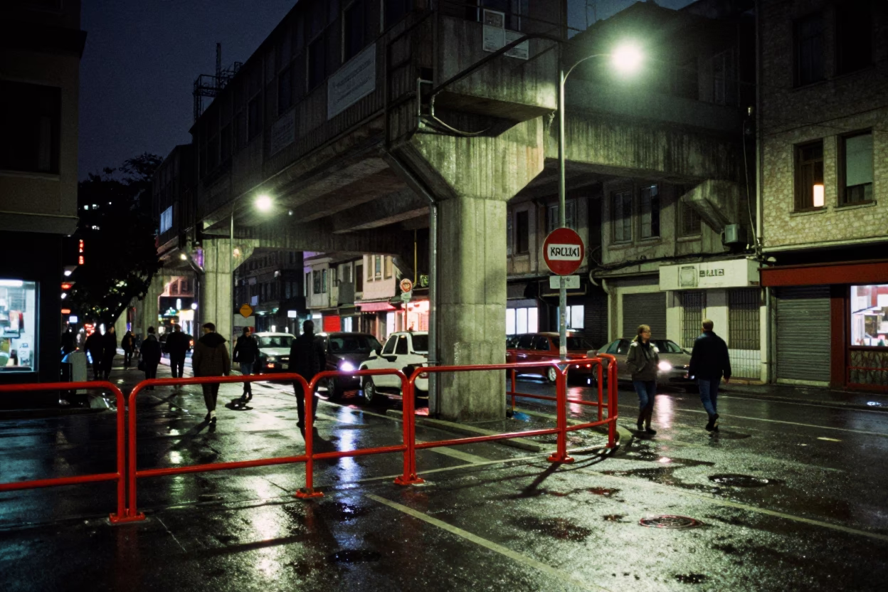 Midnight Istanbul Street Scene with Red Maintenance Railings and Boiling Spillway Chute in in Istanbul, Turkey