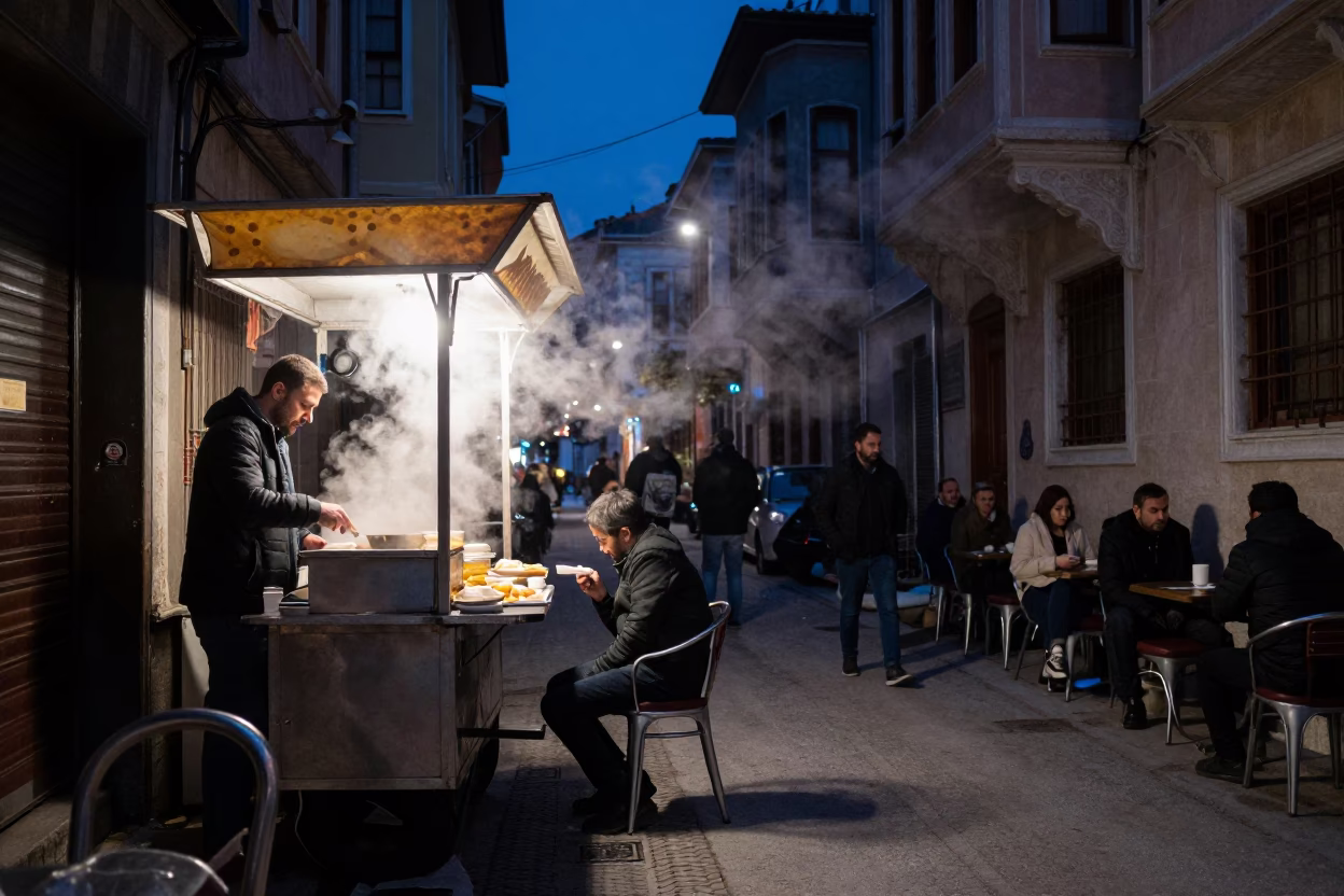 Midnight Istanbul Street Scene with Steam and Traditional Breakfast in in Istanbul, Turkey