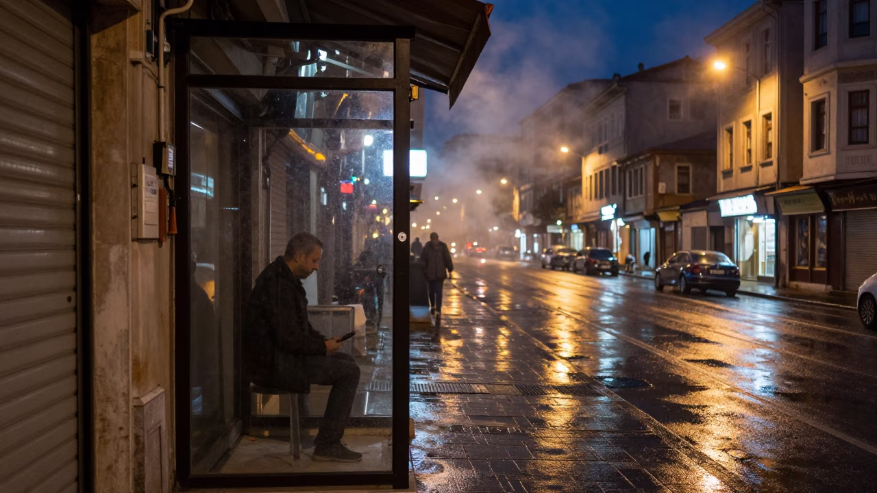 Midnight Istanbul Street Scene with Steam Haze and Glass Doorframe in in Istanbul, Turkey