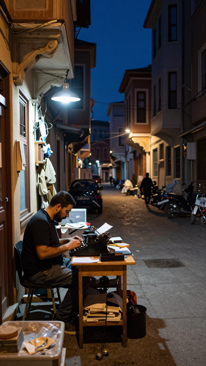 Midnight Istanbul Street Scene with Typewriter Repairman and Cluttered Workbench in in Istanbul, Turkey