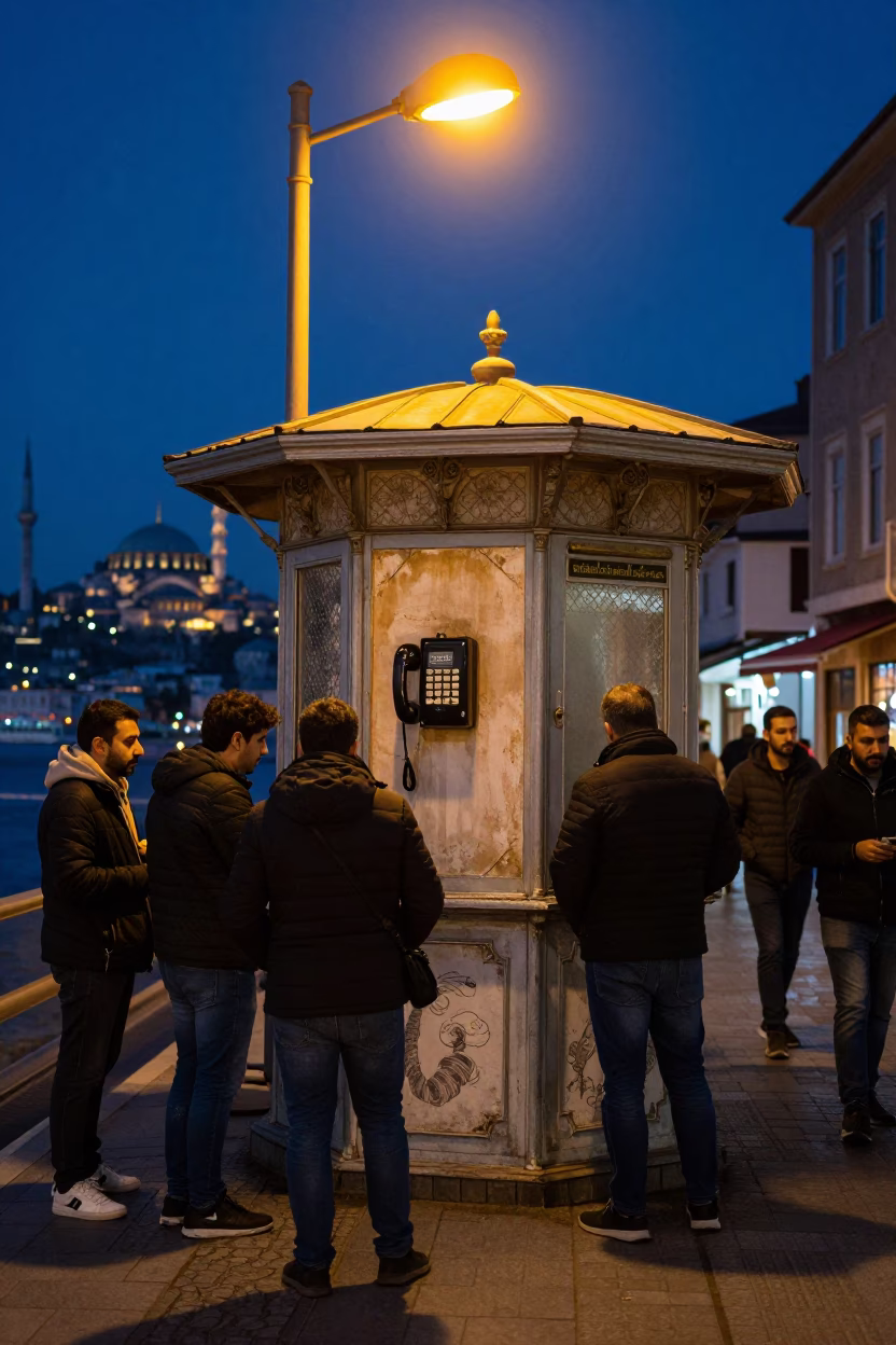 Midnight Istanbul Street Scene with Vintage Bakelite Telephone and Local Interaction in in Istanbul, Turkey