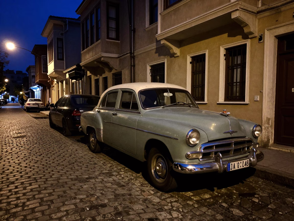 Midnight Istanbul Street Scene with Vintage Car and Tea Glass on Stone Bench in in Istanbul, Turkey