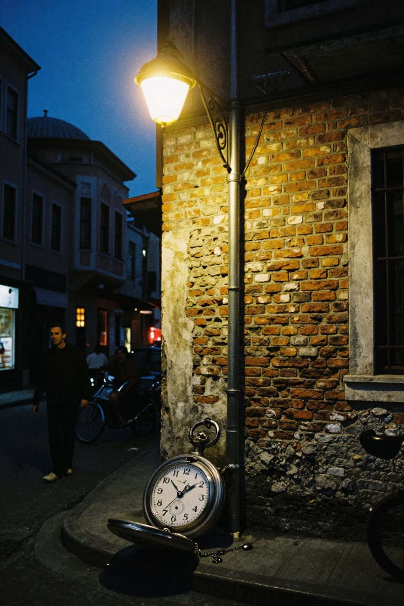 Midnight Istanbul Street Scene with Vintage Pocket Watch and Faded Posters in in Istanbul, Turkey