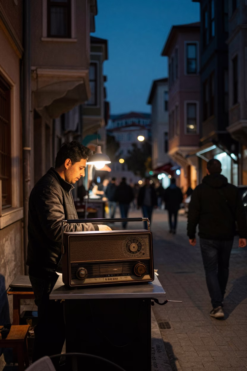 Midnight Istanbul Street Scene with Vintage Radio and District Heating Pipe Steam in in Istanbul, Turkey