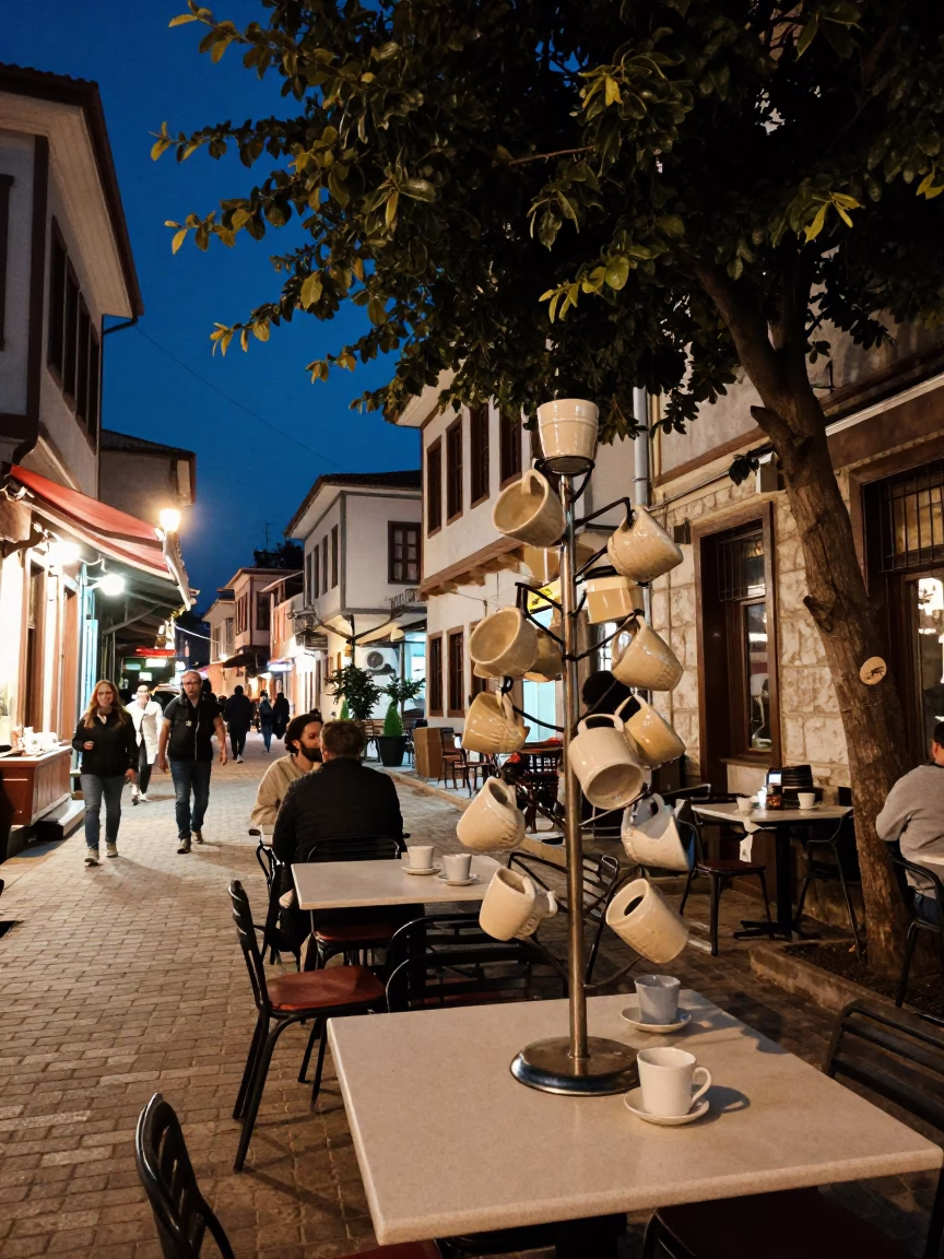 Midnight Izmir Street Scene with Mug Tree and Cup in Turkish Cafe in in Izmir, Turkey