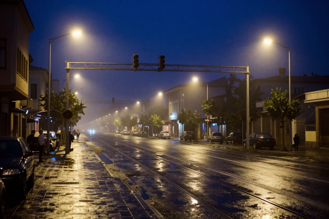 Midnight Izmir Street Scene with Signal Gantry and Misty Rail Lines in in Izmir, Turkey