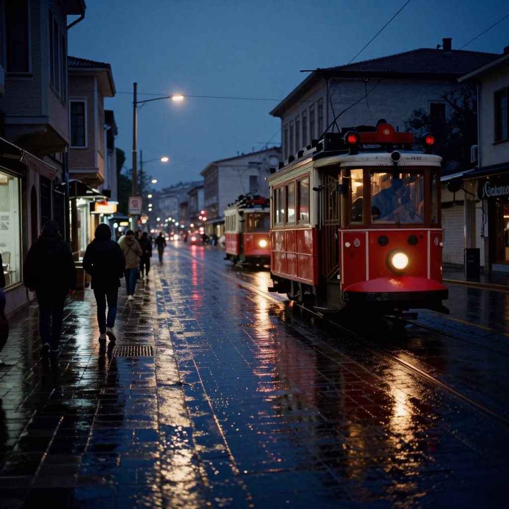 Midnight Izmir Street Scene with Tram Reflection on Wet Cobblestones and Local Architecture in in Izmir, Turkey
