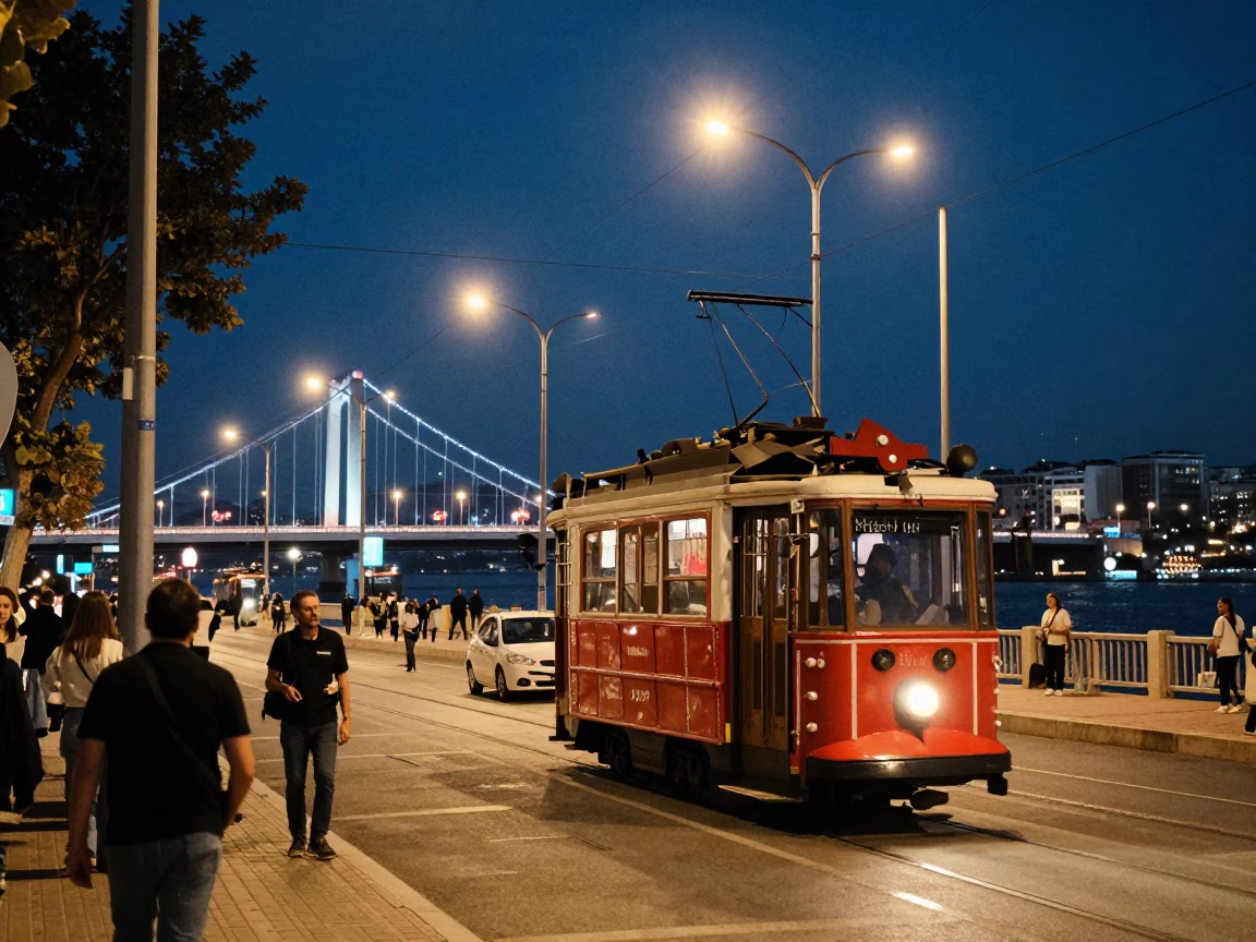 Midnight Izmir Street Scene with Tramcar and Illuminated Bridge in Turkey in in Izmir, Turkey
