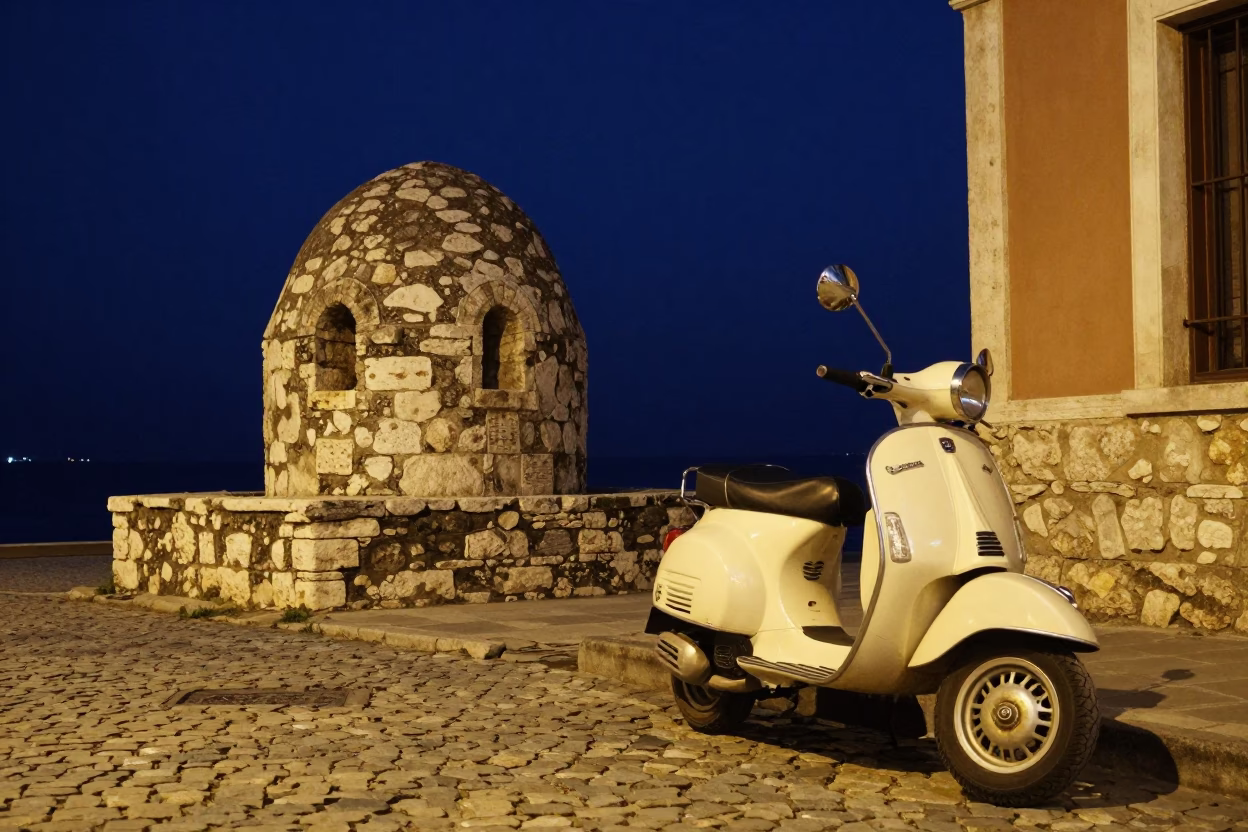 Midnight Izmir Street Scene with Vintage Vespa on Cobblestone Lane under Starry Sky in in Izmir, Turkey
