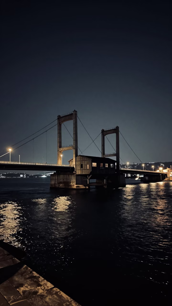 Midnight Izmir Turkey Harbor Drawbridge Counterweight House Over Black Tidal Channel in in Izmir, Turkey