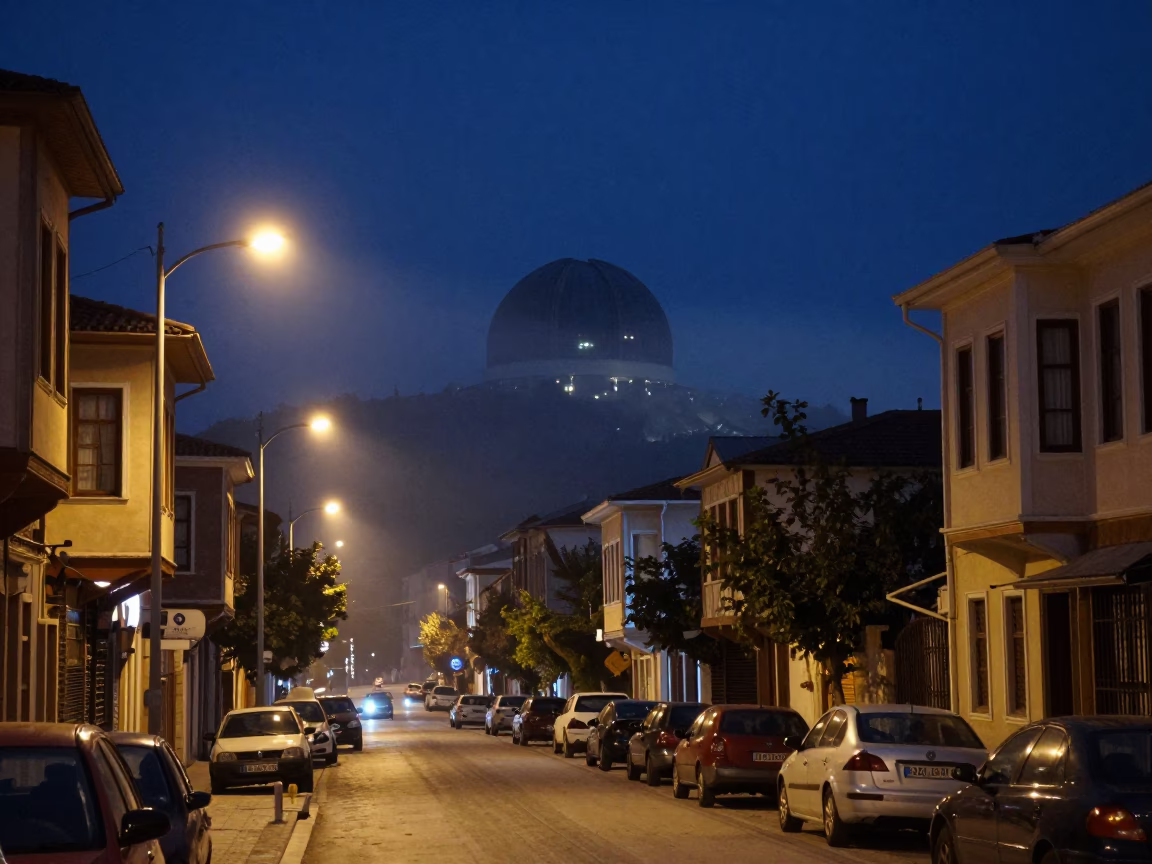 Midnight Izmir Turkey Street Scene with Observatory Dome and Drifting Fog in in Izmir, Turkey