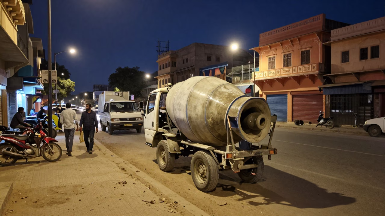 Midnight Jaipur Street Scene with Cement Mixer and Local Life in in Jaipur, India