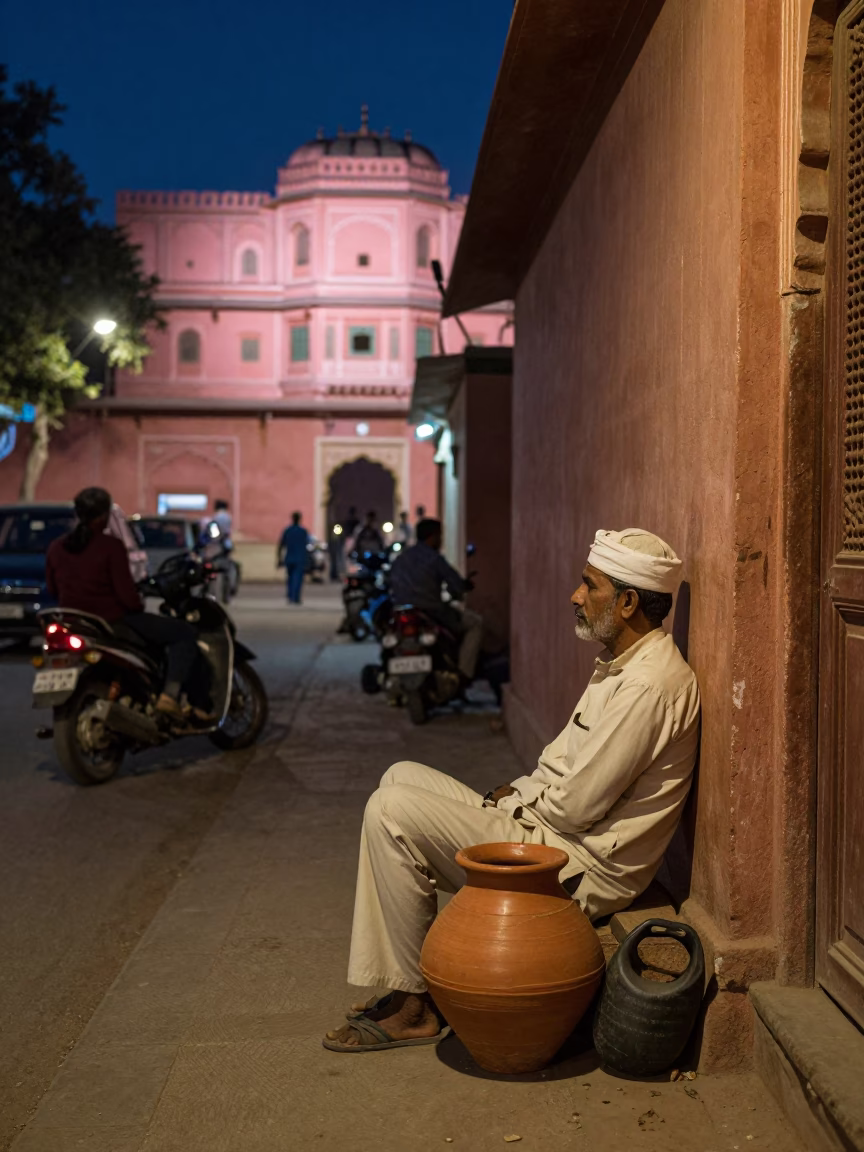 Midnight Jaipur Street Scene with Clay Pot and Rubber Fig Tree in in Jaipur, India