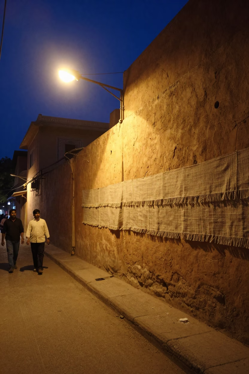 Midnight Jaipur Street Scene with Linen Fringe Plaster Wall and Local Life in in Jaipur, India