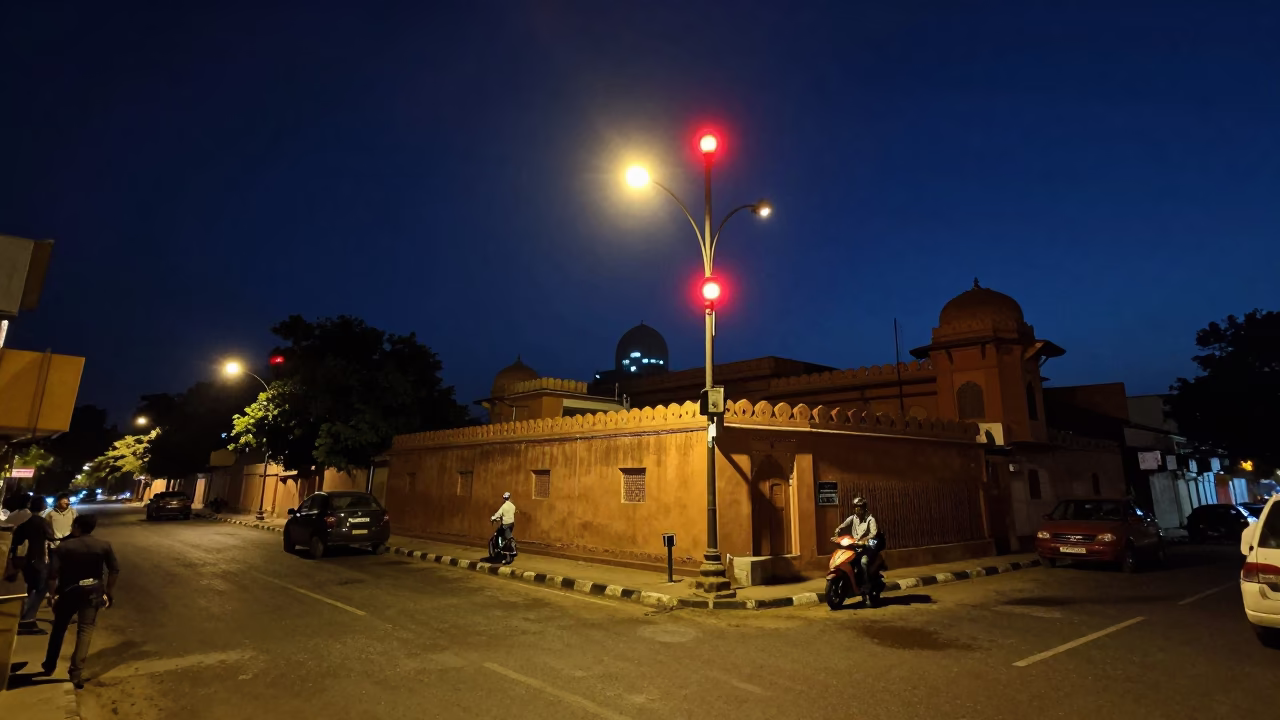 Midnight Jaipur Street Scene with Red Observatory Bulbs and Local Night Activity in in Jaipur, India