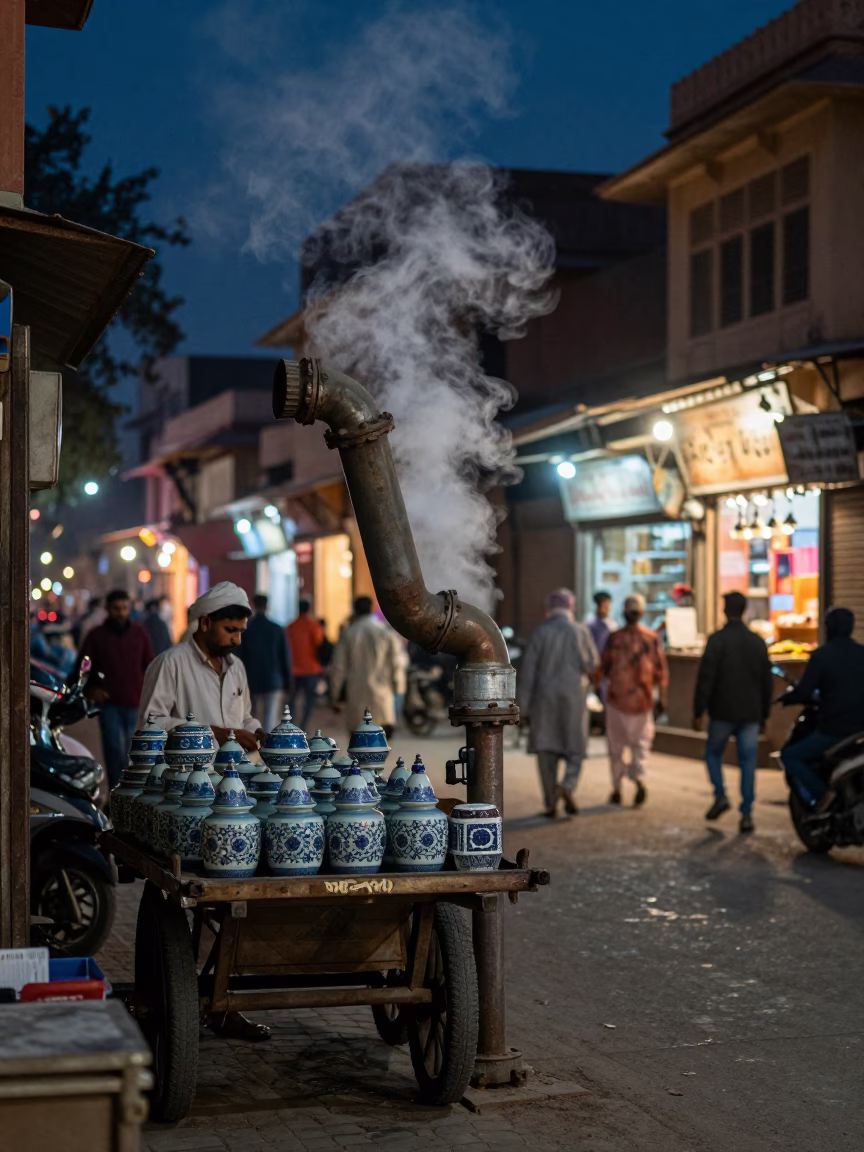 Midnight Jaipur Street Scene with Steaming District Heating Pipe and Local Vendor in in Jaipur, India