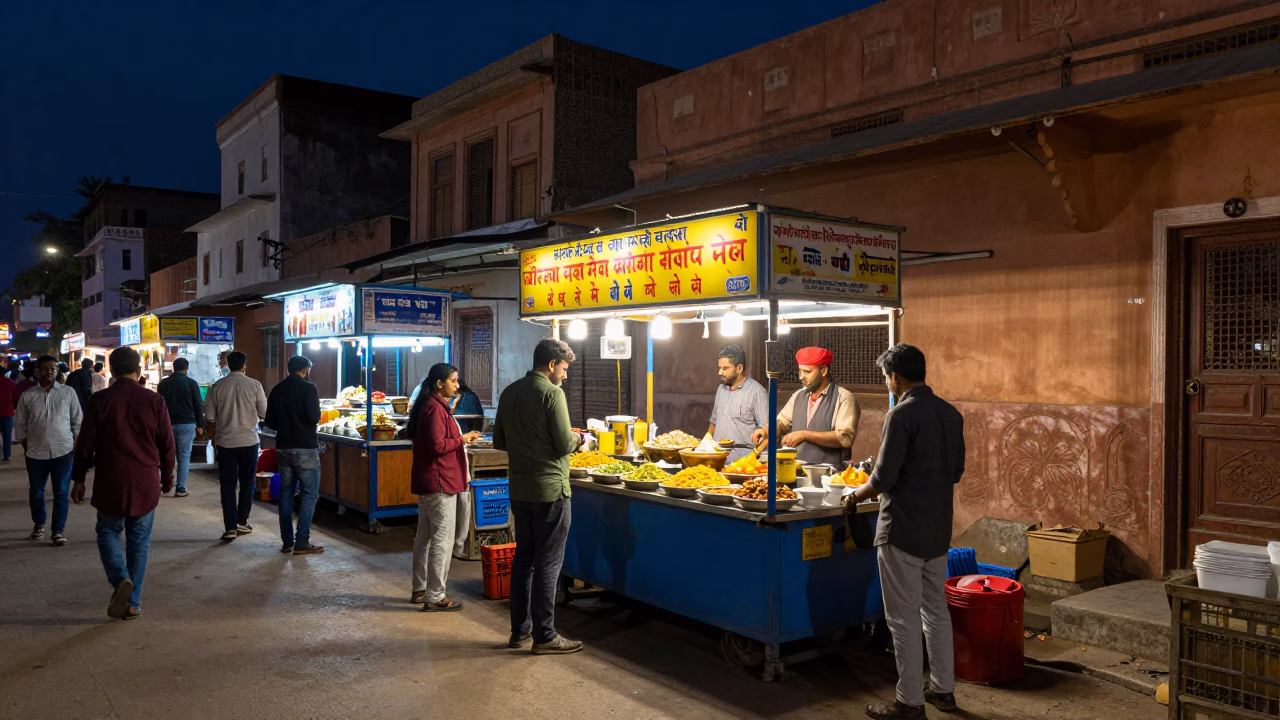 Midnight Jaipur Street Scene with Vibrant Colors and Local Market Activity in in Jaipur, India