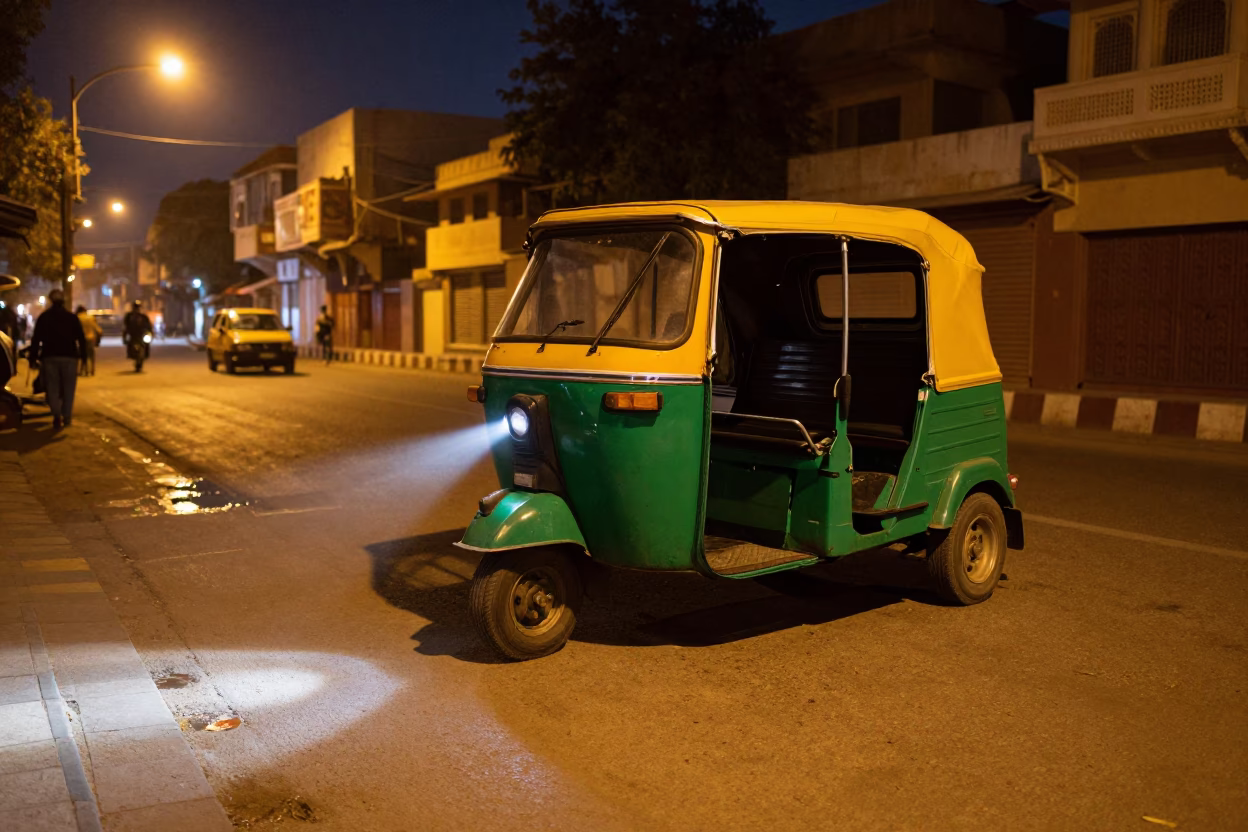 Midnight Jaipur Street Scene with Yellow Auto Rickshaw and Lantern Light in in Jaipur, India