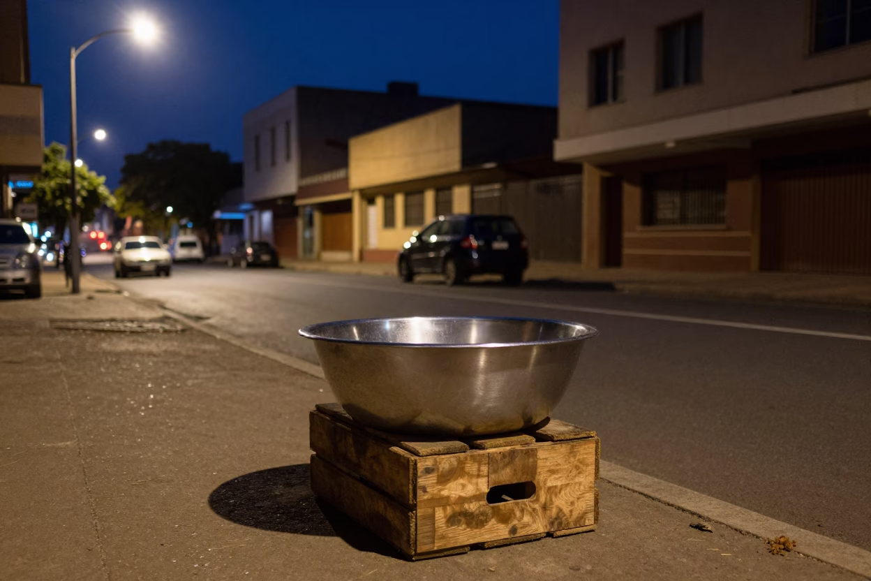 Midnight Johannesburg Street Scene with Brushed Steel Basin and Pot Lid in in Johannesburg, South Africa