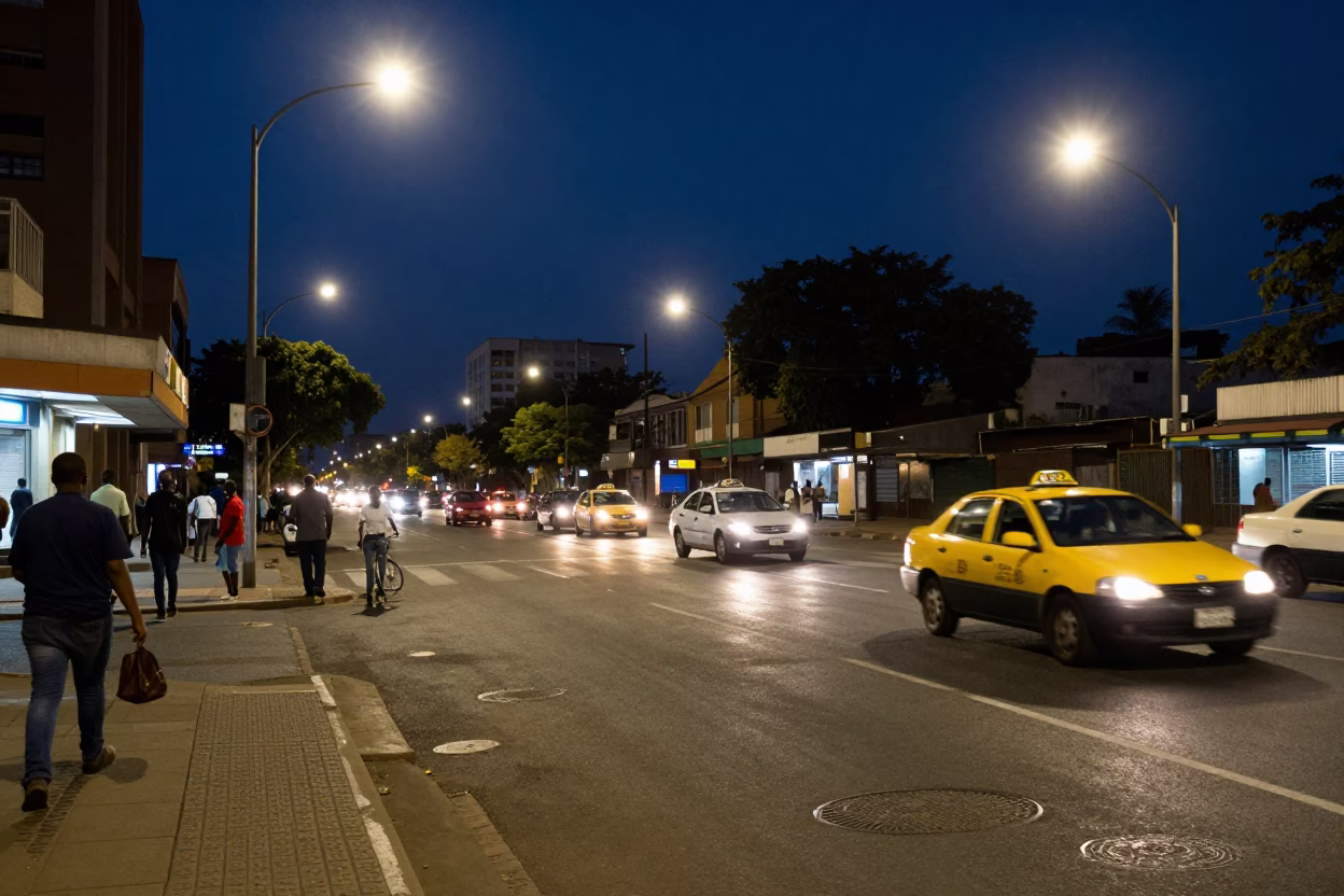 Midnight Johannesburg street scene with diamond stud earring and urban nightlife in in Johannesburg, South Africa