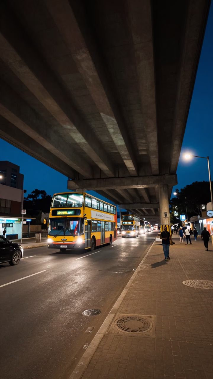 Midnight Johannesburg Street Scene with Double Decker Bus and Flyover Underpass in in Johannesburg, South Africa