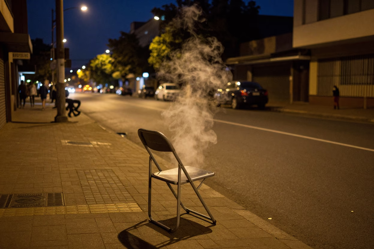 Midnight Johannesburg Street Scene with Folding Chair and Steam Haze in in Johannesburg, South Africa