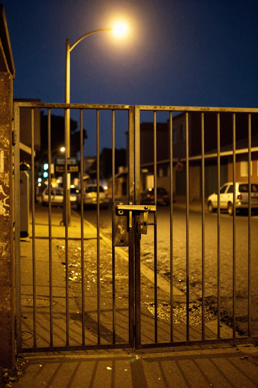Midnight Johannesburg Street Scene with Nickel Latch and Gas Pipeline Marker in South Africa in in Johannesburg, South Africa