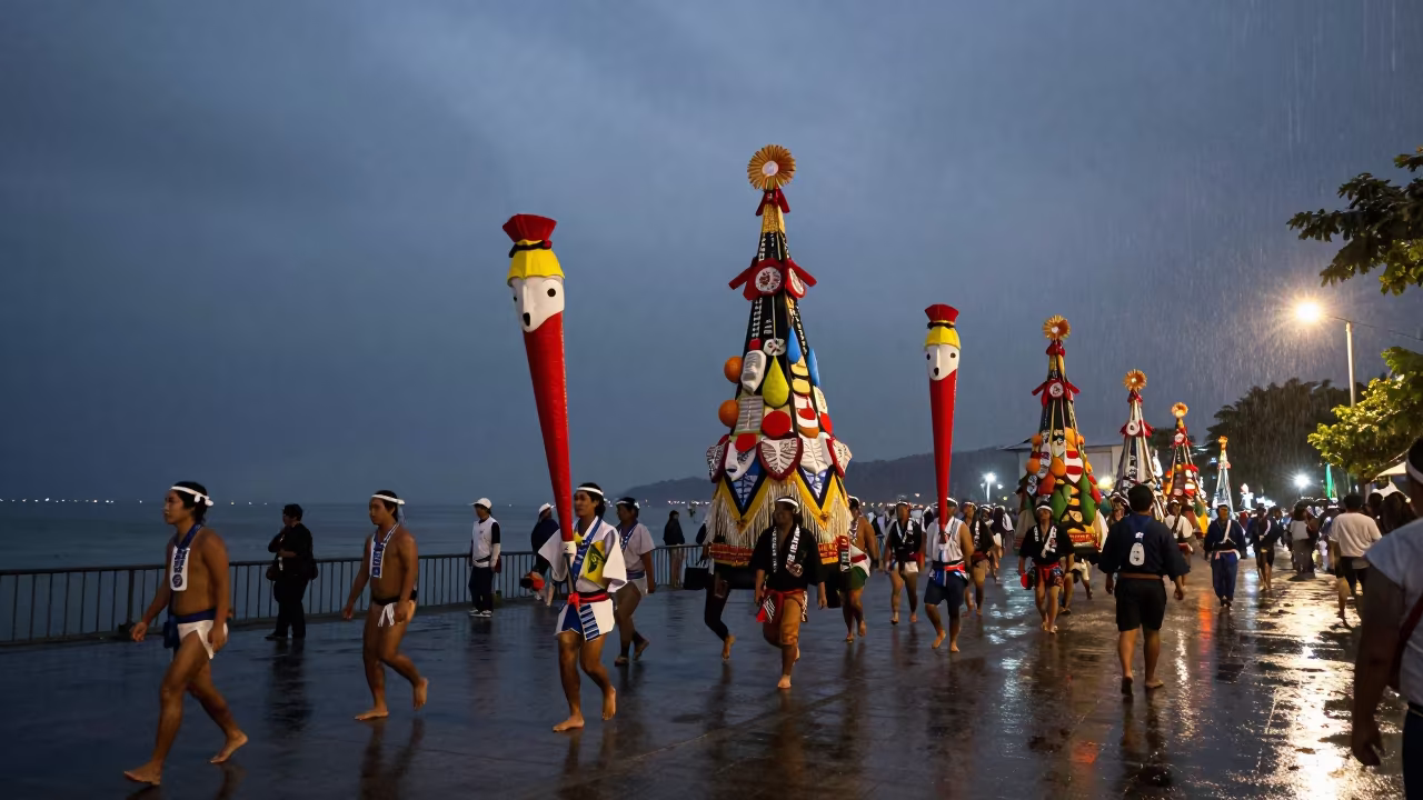 Midnight Kanamara Parade at Pucallpa Waterfront in at a waterfront celebration near Pucallpa