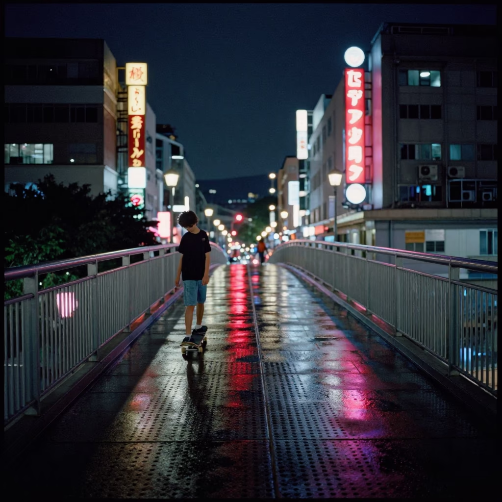 Midnight Kaohsiung Pedestrian Overpass with Skateboarder and Neon Reflections in in Kaohsiung, Taiwan