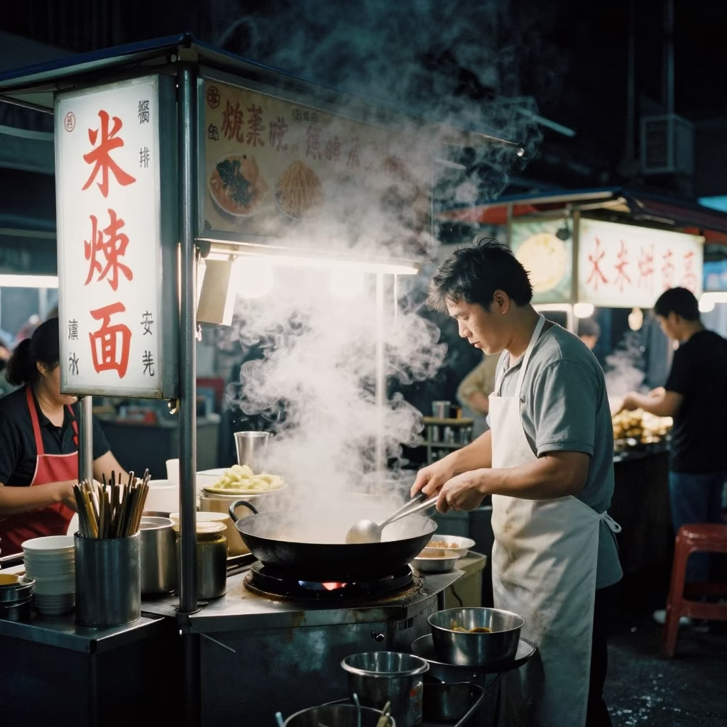 Midnight Kaohsiung Street Food Stall with Steam and Kitchen Tools in in Kaohsiung, Taiwan