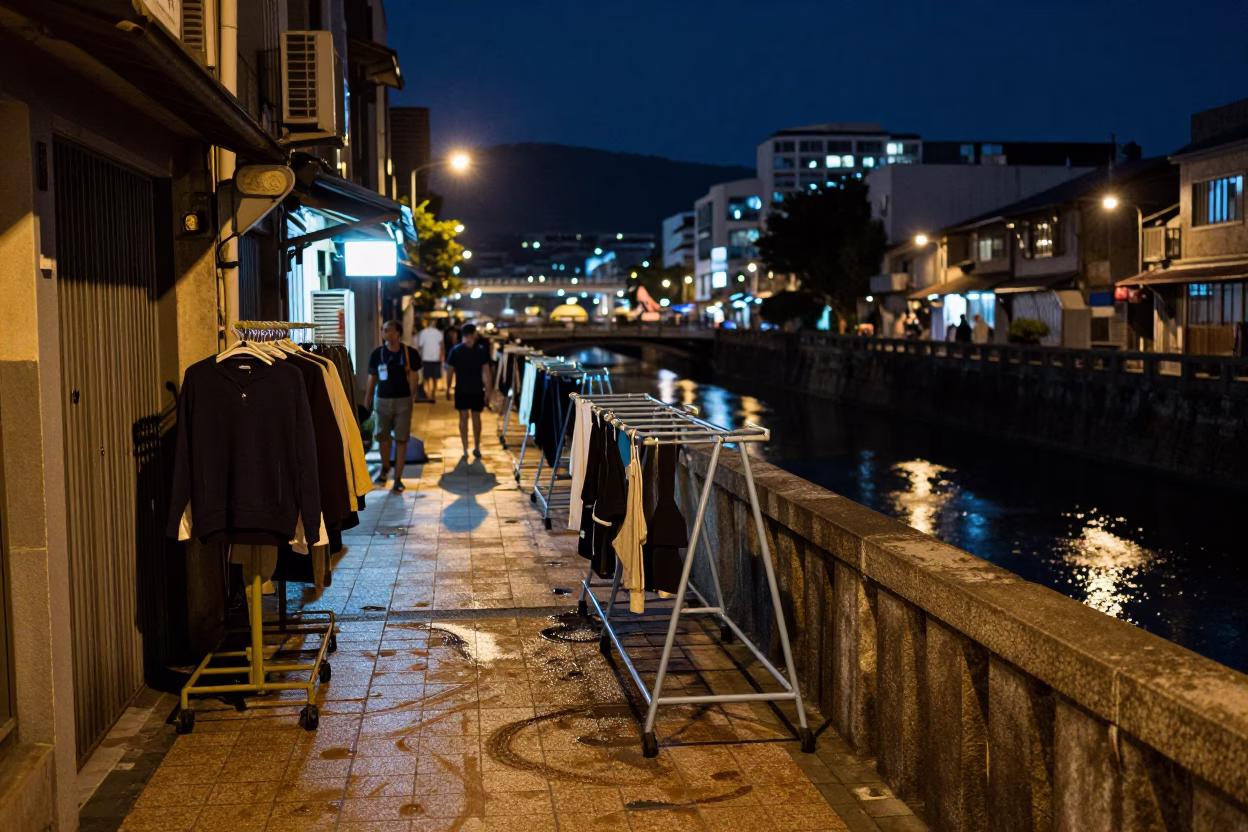 Midnight Kaohsiung Street Scene with Drying Rack and Canal Barge Reflections in in Kaohsiung, Taiwan