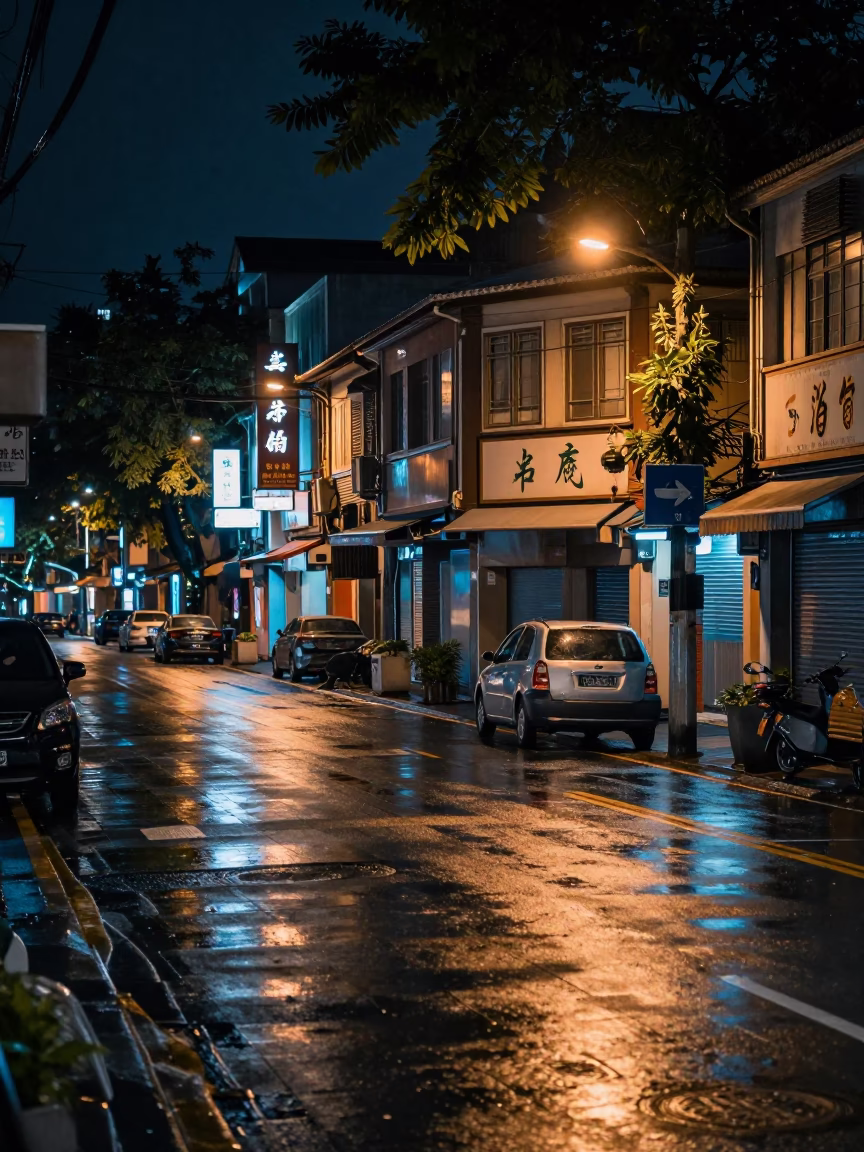 Midnight Kaohsiung Street Scene with Leaf Shadows on Wet Tile and Neon Reflections in in Kaohsiung, Taiwan