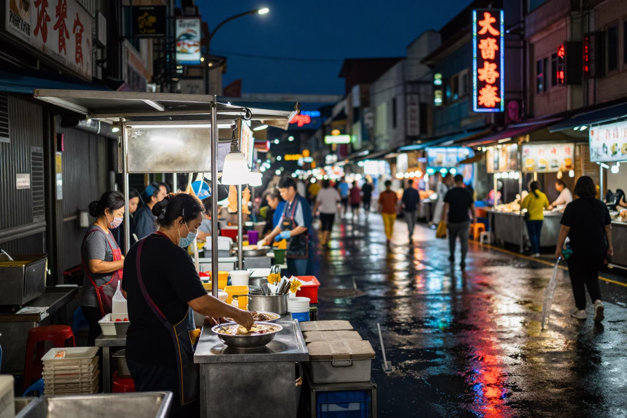Midnight Kaohsiung Street Scene with Neon Reflections and Local Food Vendors in in Kaohsiung, Taiwan