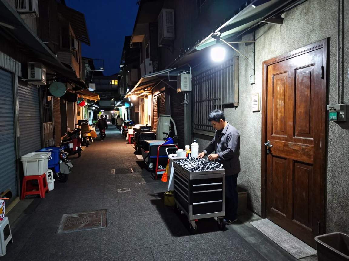 Midnight Kaohsiung Street Scene with Tool Caddy and Door Latch Details in in Kaohsiung, Taiwan