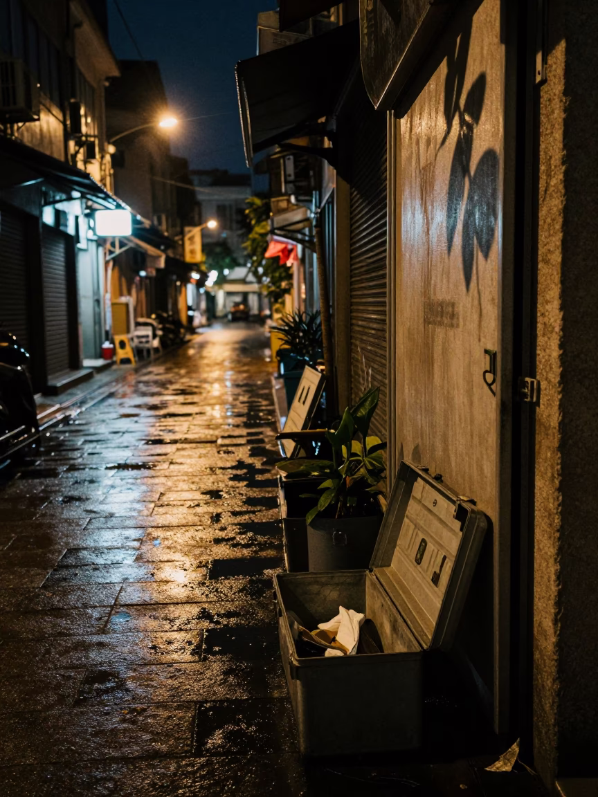 Midnight Kaohsiung Street Scene with Toolbox and Leaf Shadows on Wet Flagstones in in Kaohsiung, Taiwan