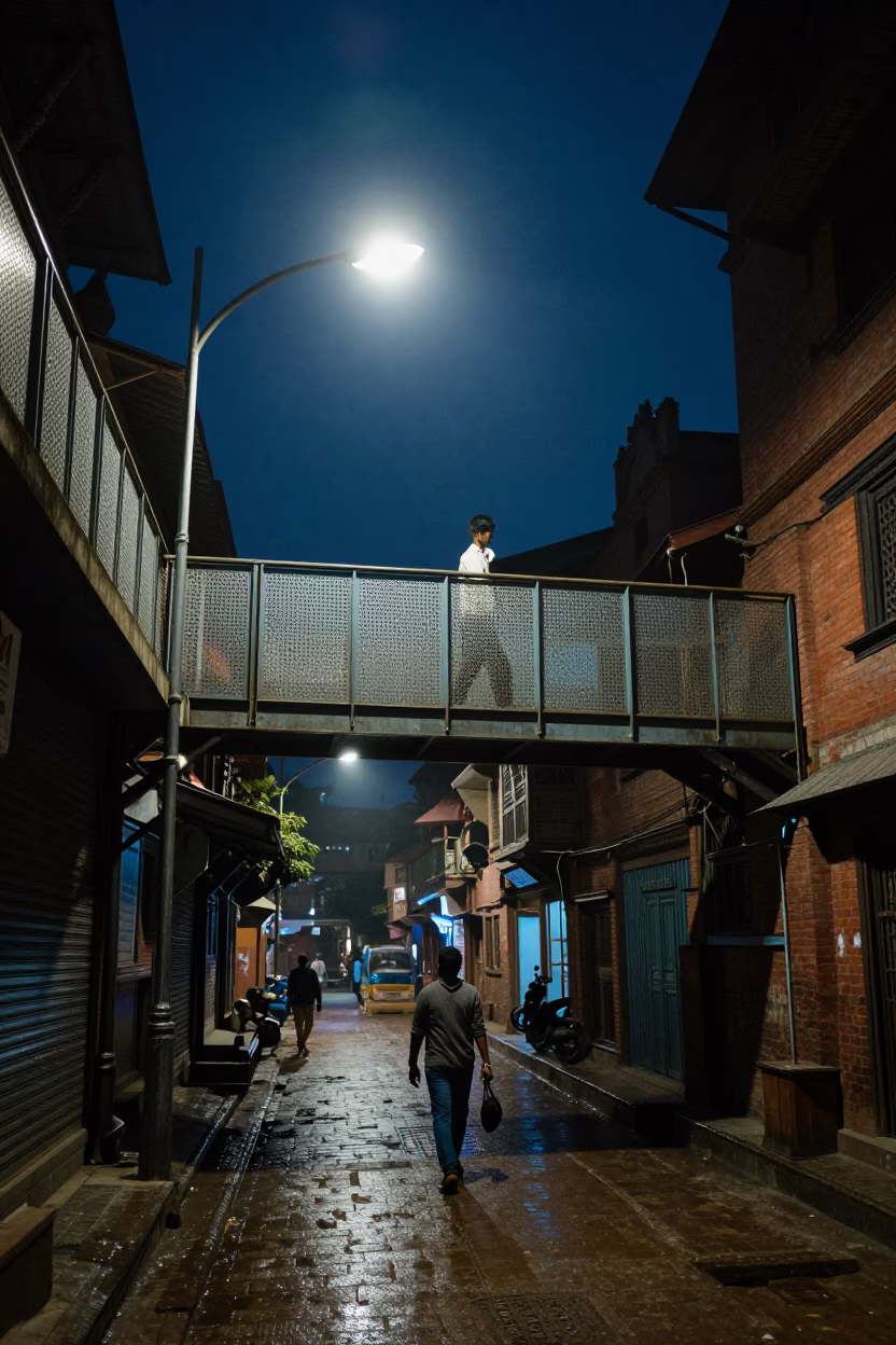 Midnight Kathmandu Street Scene with Perforated Metal Overpass and Wet Footsteps in in Kathmandu, Nepal