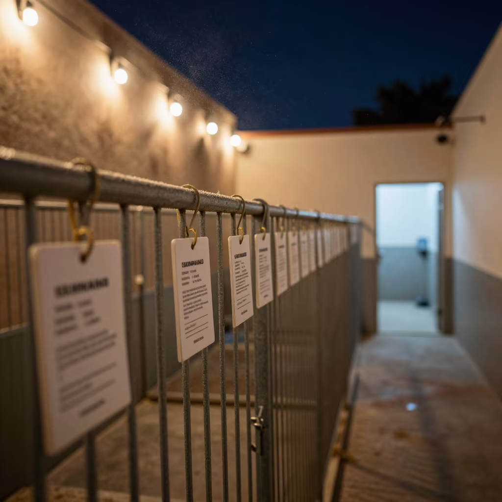 Midnight Kennel Grooming Card Rail with Dust in in a boarding kennel corridor near Chihuahua