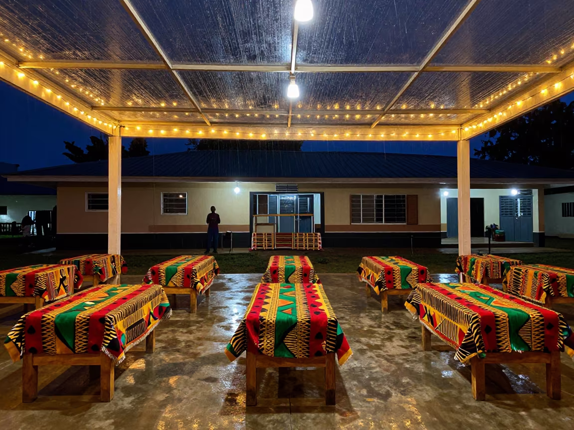 Midnight Kente Stools in Kumasi Prayer Hall in in a prayer hall in Kumasi