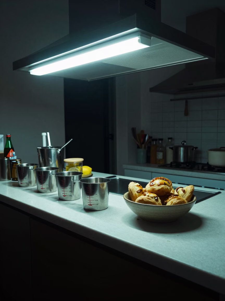 Midnight Kitchen Counter in Buenos Aires Apartment with Measuring Cups and Pastries in in Buenos Aires, Argentina