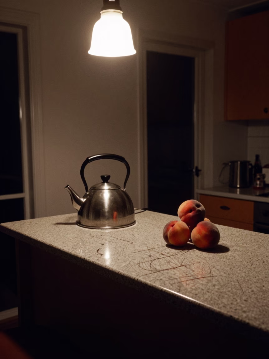 Midnight Kitchen Counter in Stockholm Sweden with Tea Kettle and Peaches in in Stockholm, Sweden